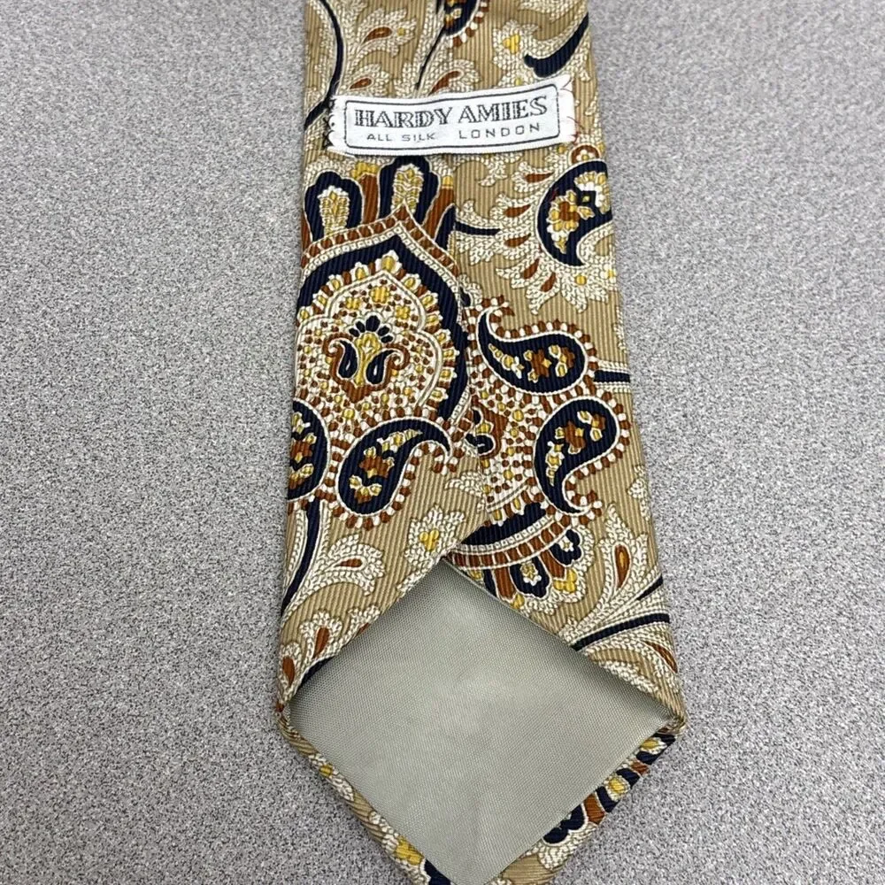 Vintage Hardy Amies London All Silk Tie, Necktie, Beige, Black Paisley Design